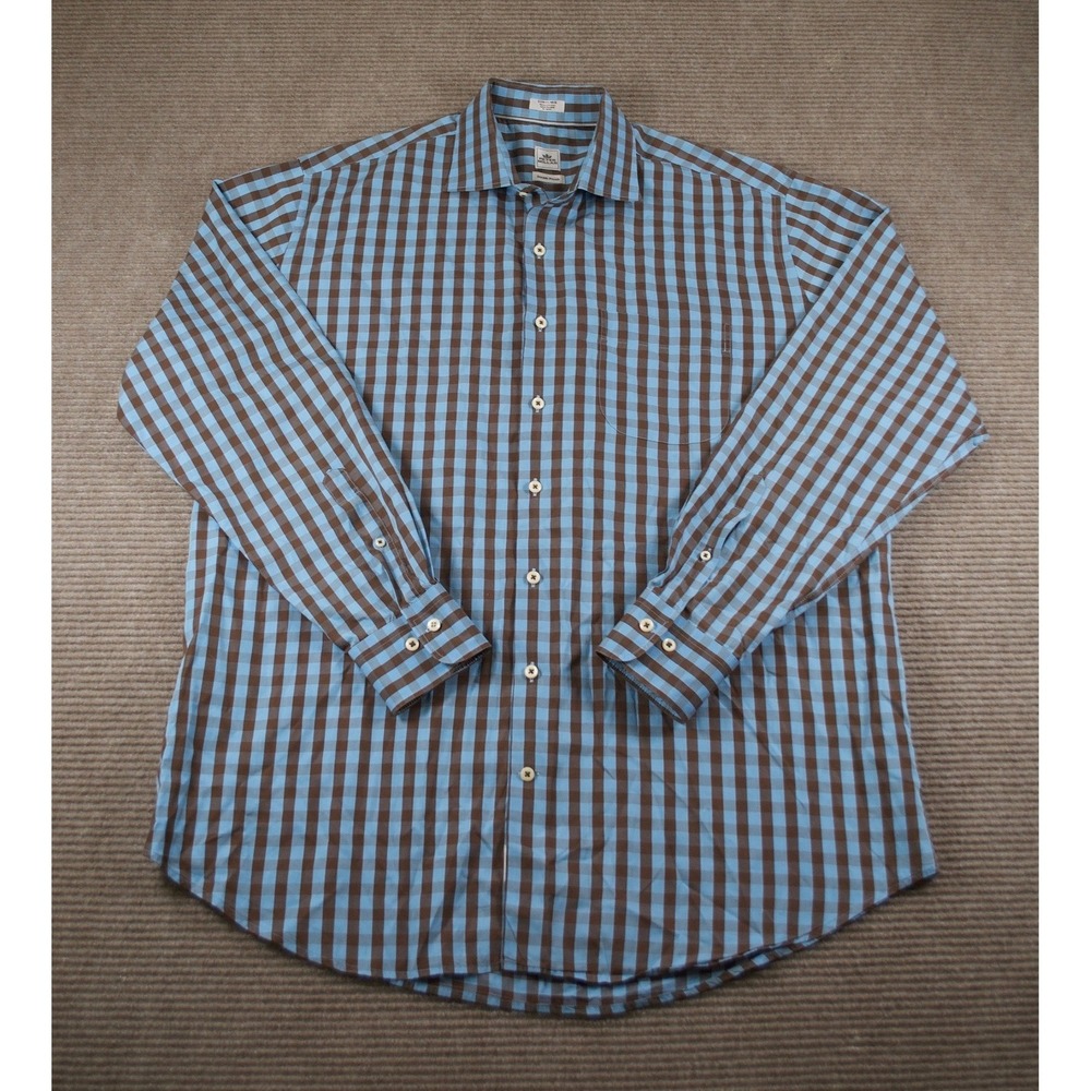Peter Millar Baby Blue Brown Gingham Button Up XL